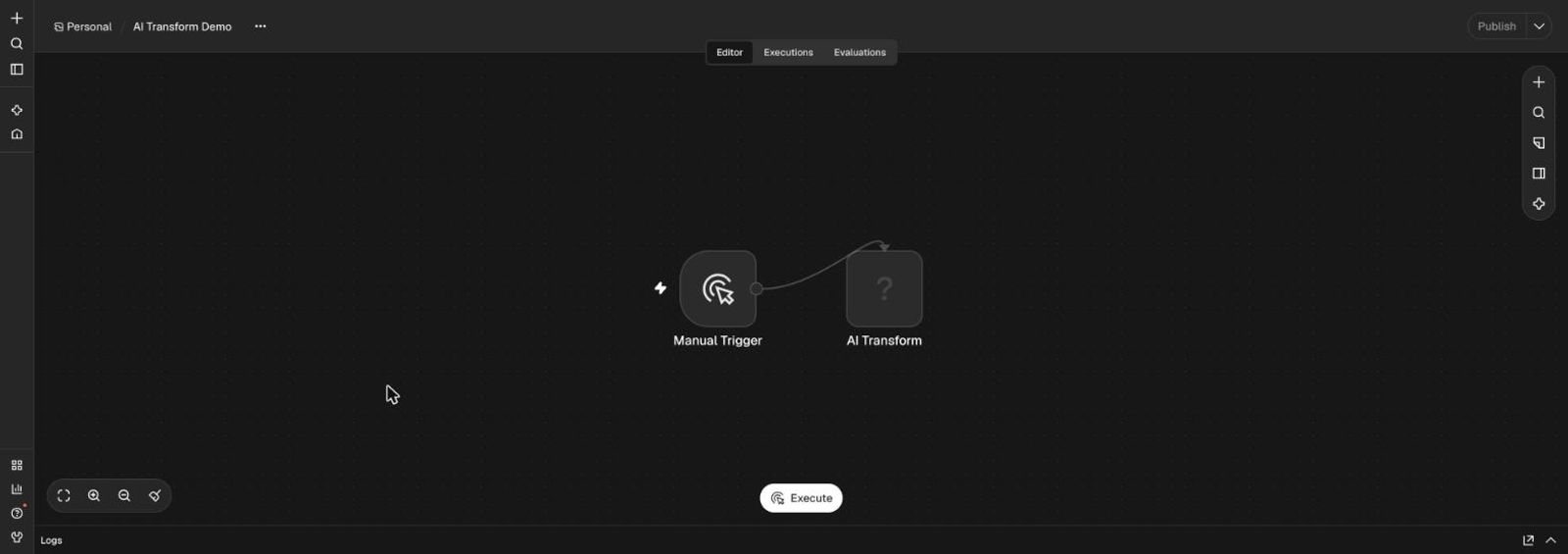 Der Workflow AI Transform Demo in n8n 3.0.0: Hinter dem Manual Trigger steht der AI-Transform-Node als grauer Platzhalter mit einem Fragezeichen statt eines Node-Symbols.