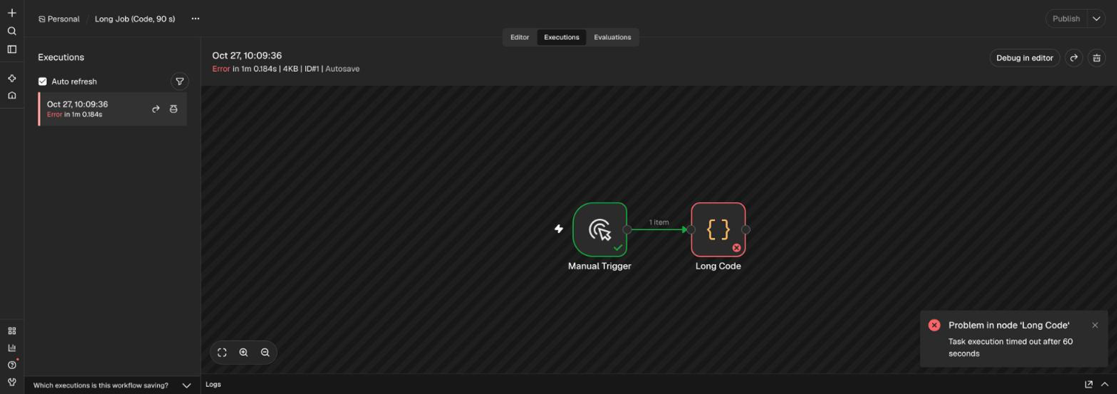 Die Ausführungsansicht in n8n 3.0.0 zeigt den Workflow Long Job mit rot markiertem Code-Node, der Statuszeile Error in 1m 0.184s und der Meldung Problem in node Long Code, Task execution timed out after 60 seconds.