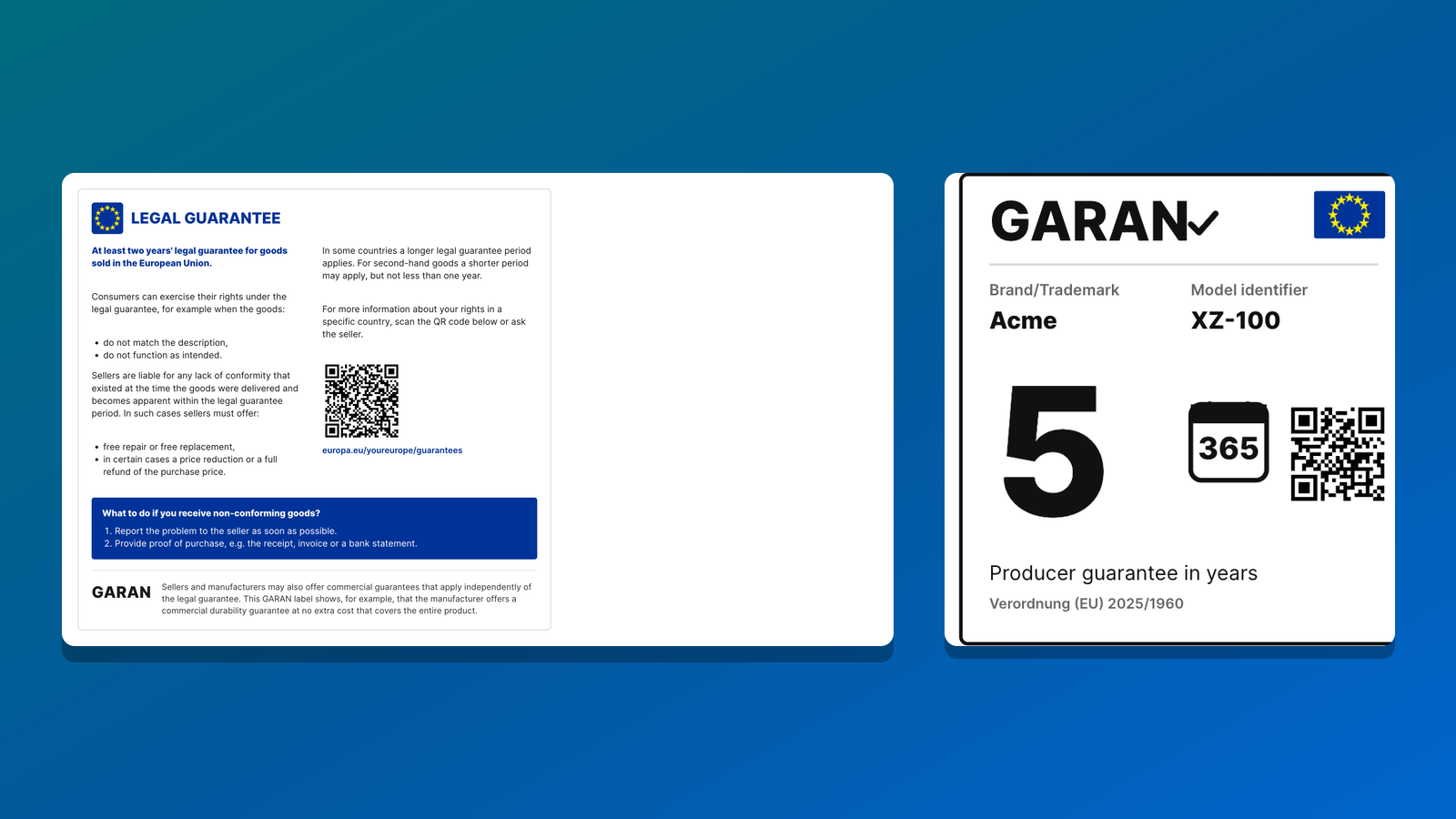 Die beiden EU-Labels nach Verordnung 2025/1960: Gewährleistungslabel und Garantielabel GARAN mit EU-Flagge, Garantiedauer und QR-Code