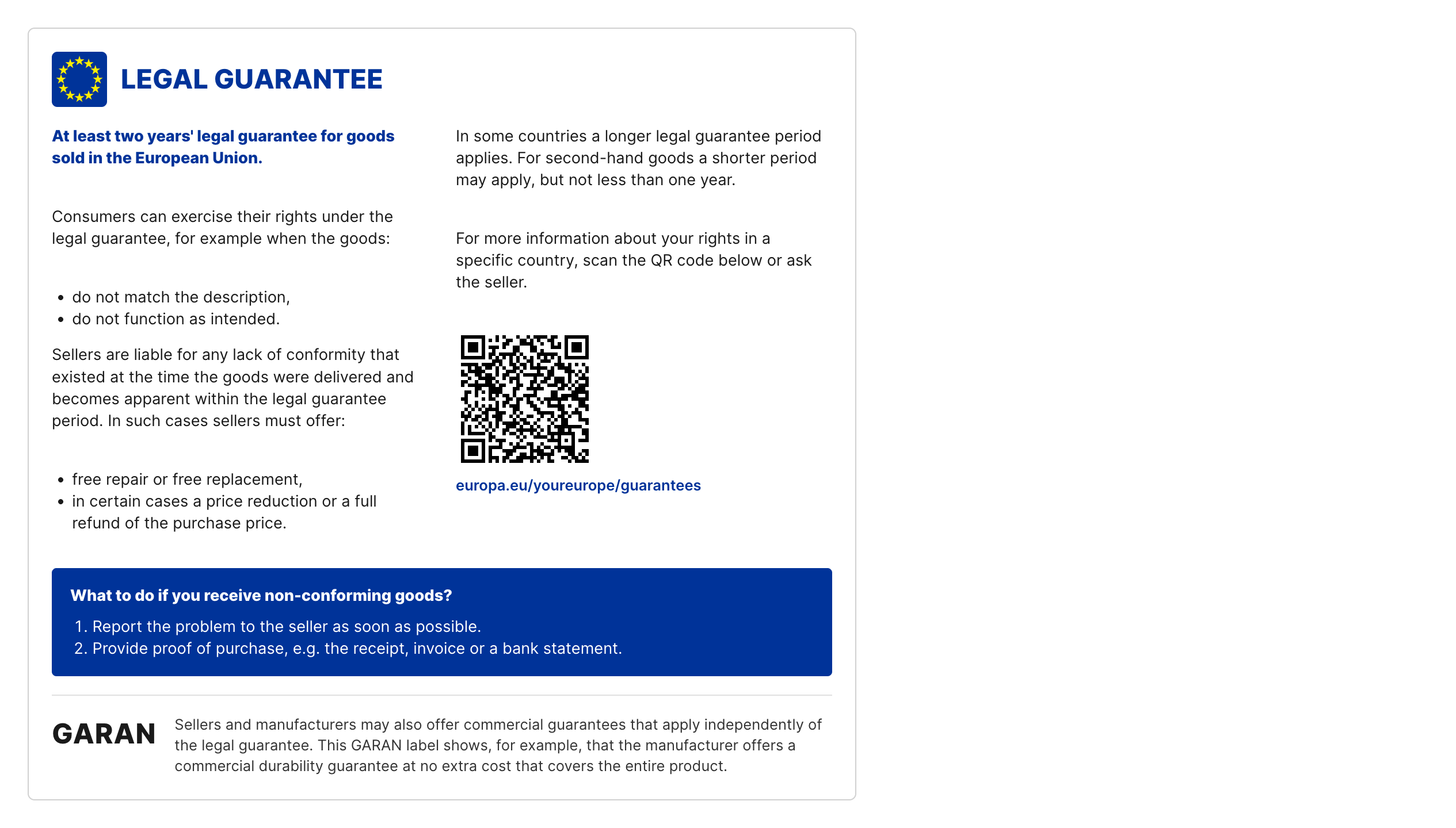 Das Gesetzliche-Gewährleistung-Label auf der Produktseite mit EU-Flagge, QR-Code zum Portal „Ihr Europa" und Handlungshinweisen