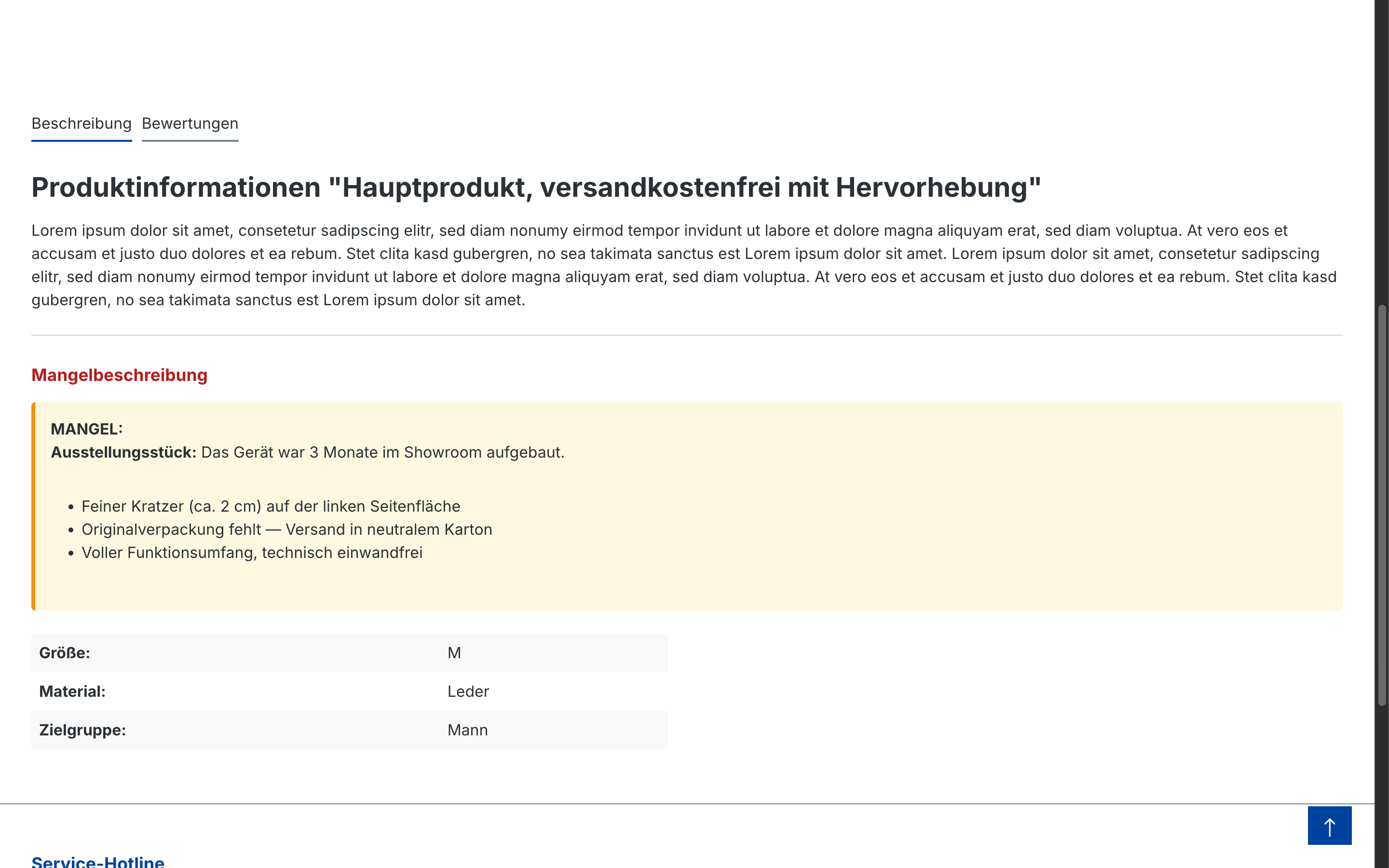 Mängelbeschreibung als hervorgehobener Block auf einer Shopware-Produktseite