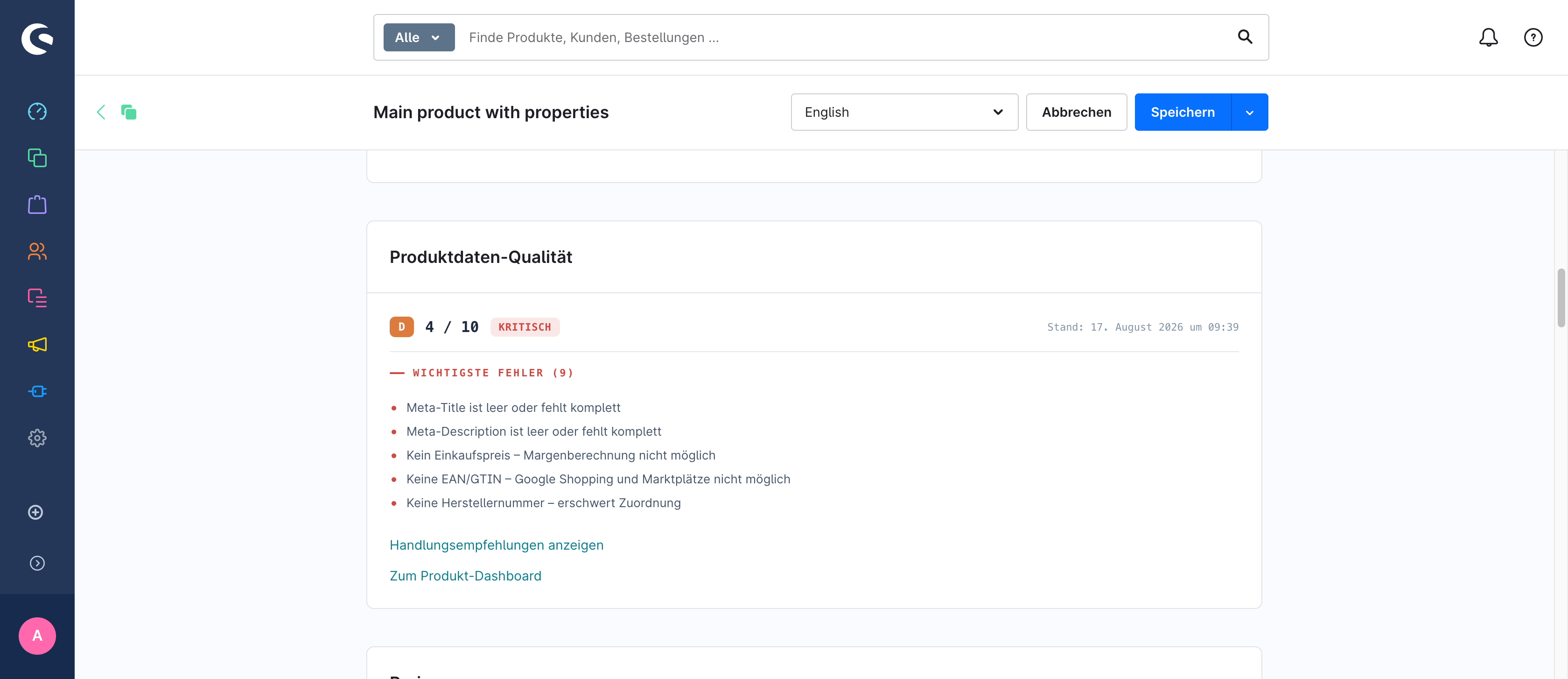 Audit-Karte im Produkteditor mit Note, Score und Fehlern