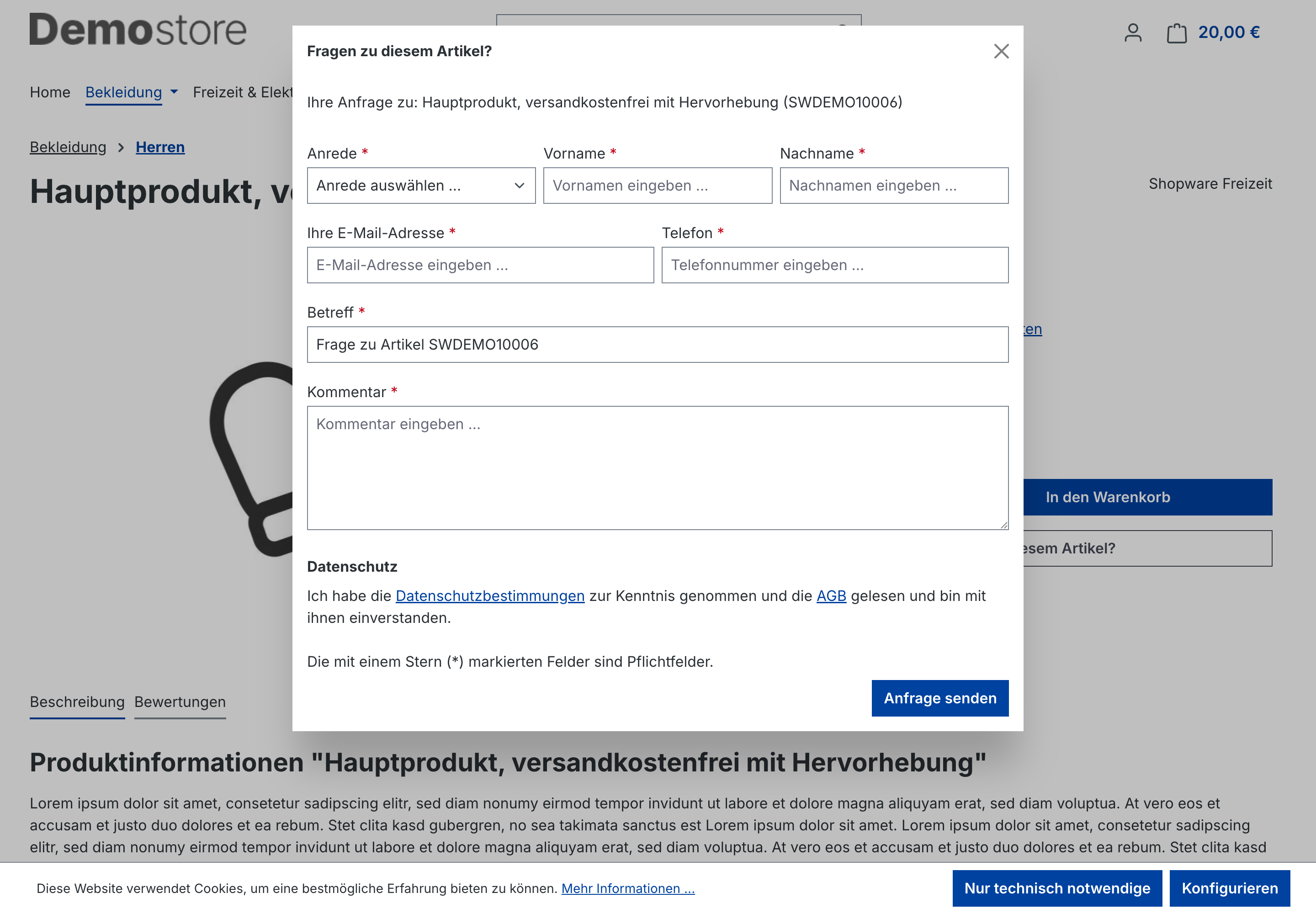 Anfrage-Modal mit dem Kontaktformular und vorbelegtem Produktbezug