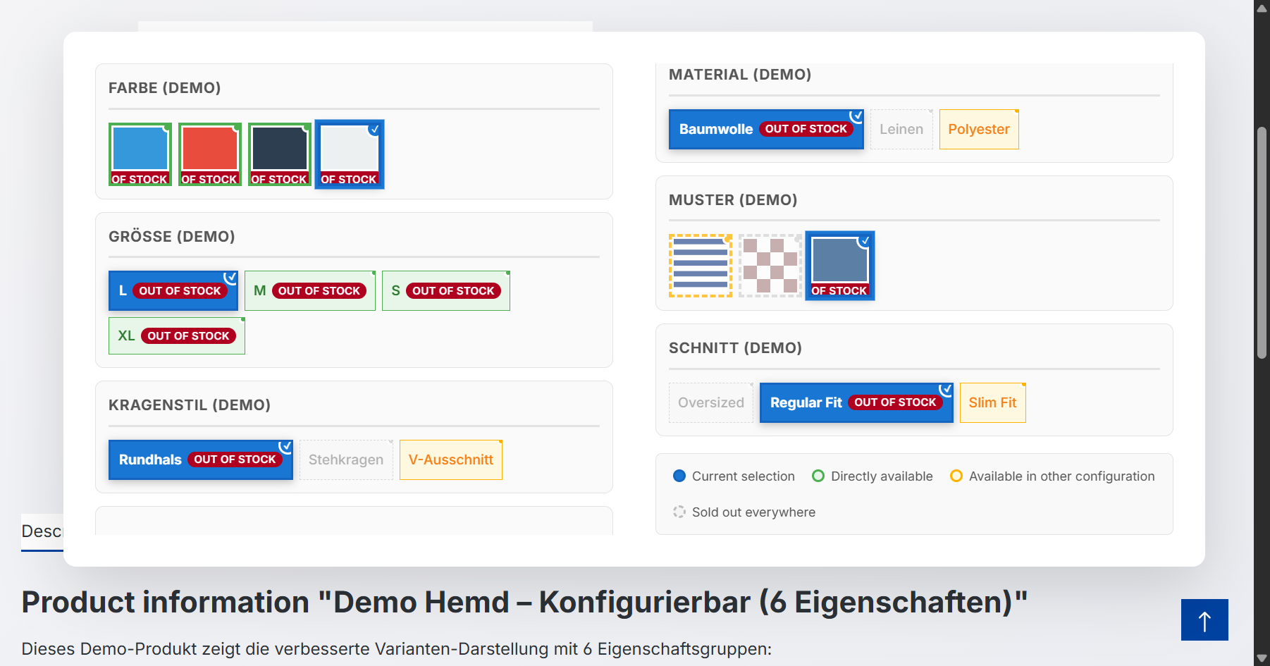 Shopware-Variantenkonfigurator mit 4-Zustände-Farbsystem und Lieferbarkeits-Badges