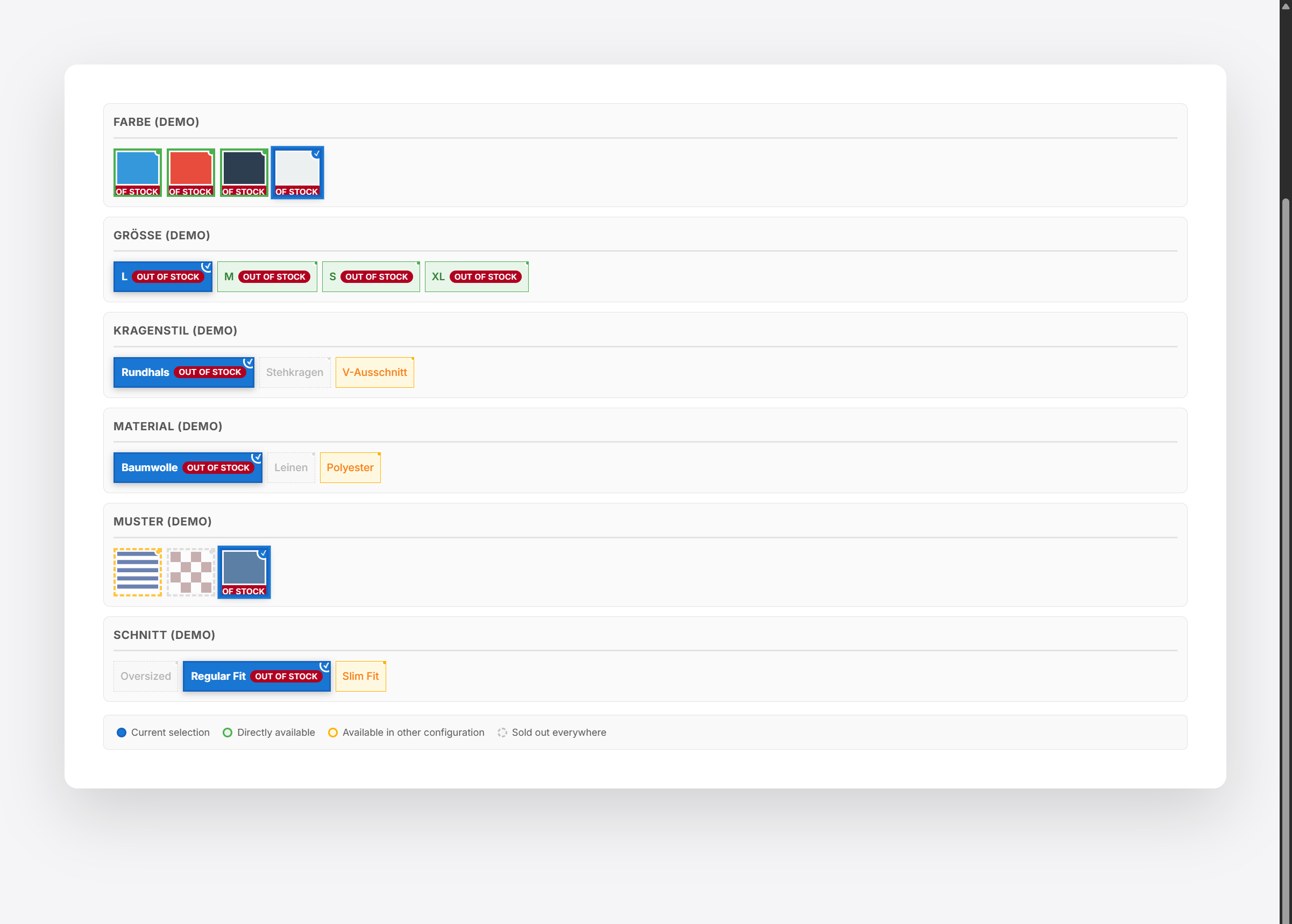 Produktkonfigurator mit 4-Zustände-System und Lieferbarkeits-Badges