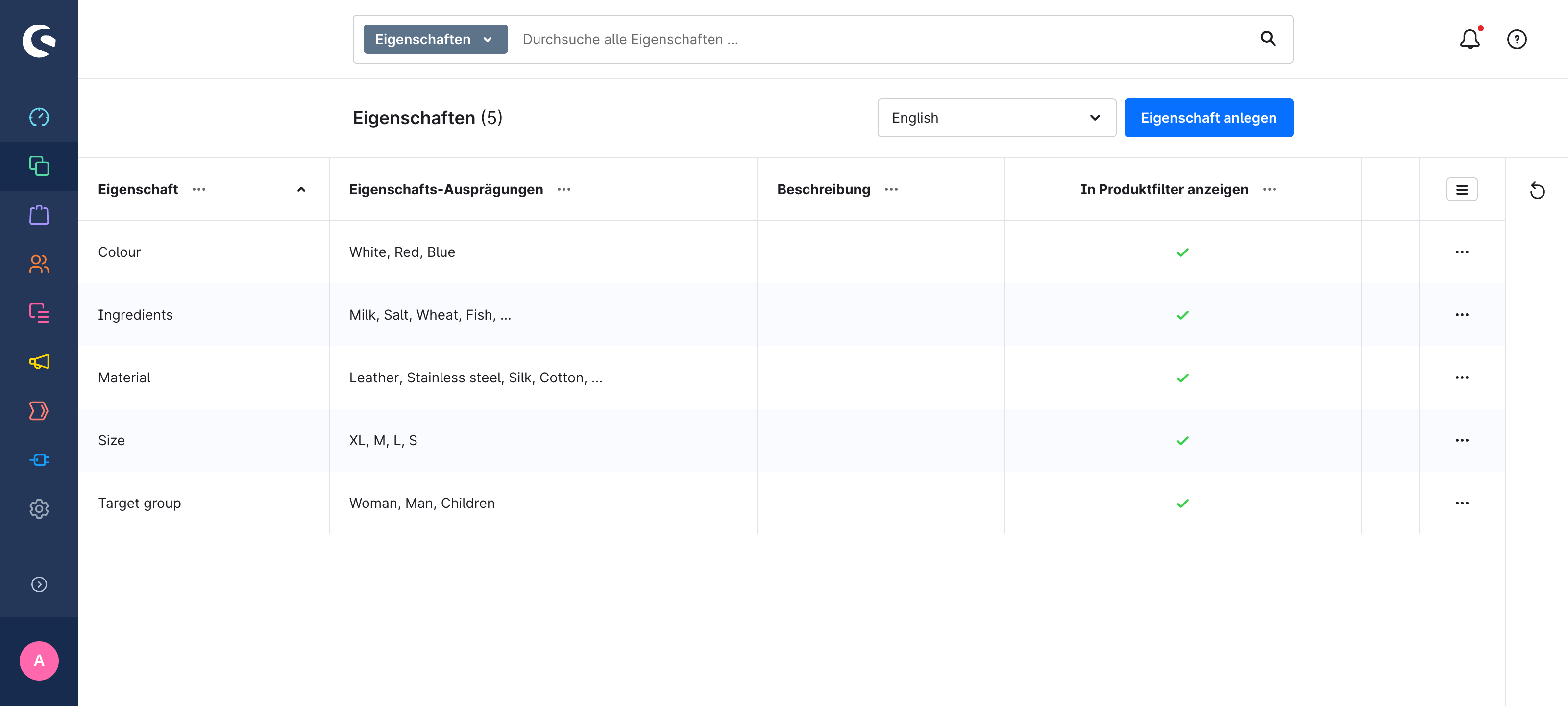 Die Eigenschaftsübersicht im Shopware-Admin mit fünf Gruppen und der Spalte "In Produktfilter anzeigen"