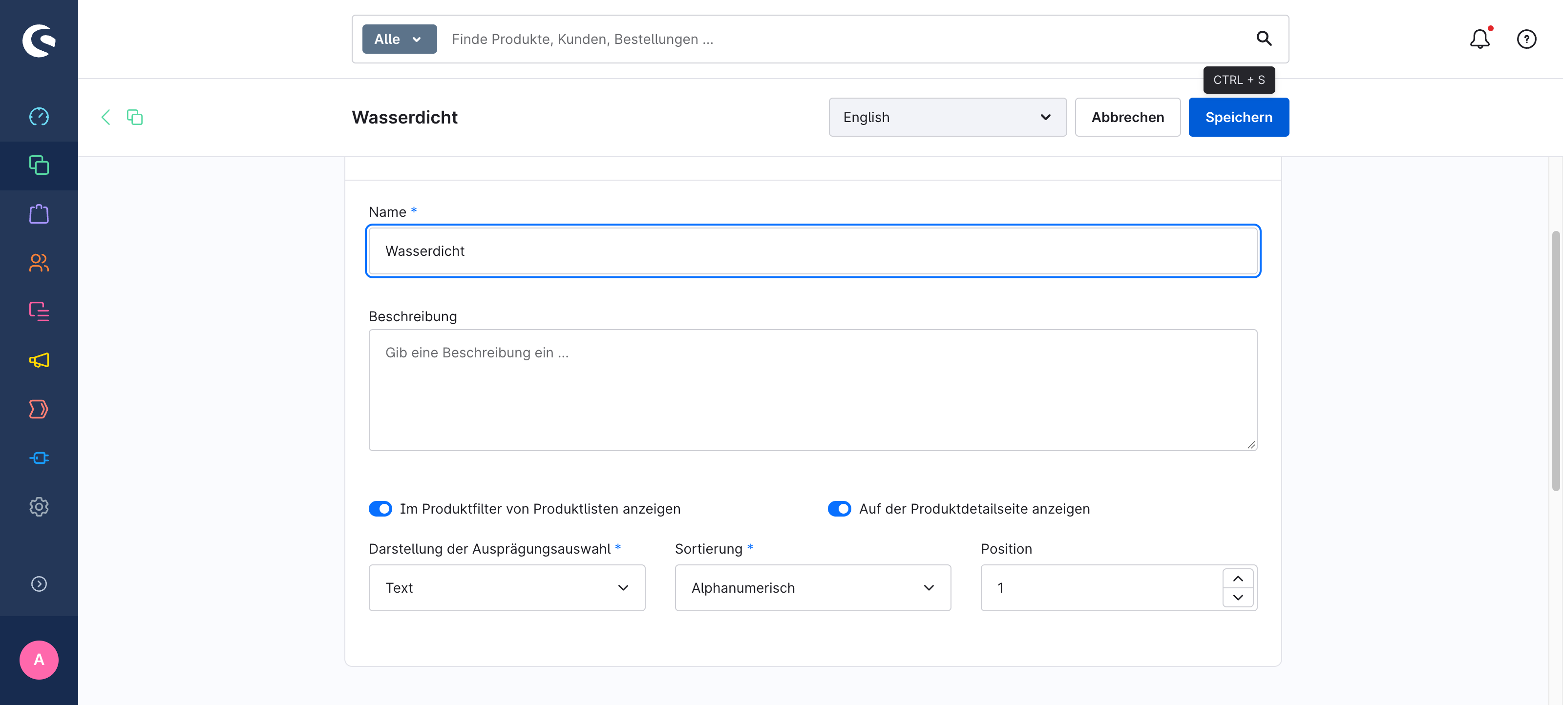Das Formular "Neue Eigenschaft" mit dem Namen Wasserdicht, beiden aktivierten Schaltern sowie den Feldern Darstellung der Ausprägungsauswahl und Sortierung