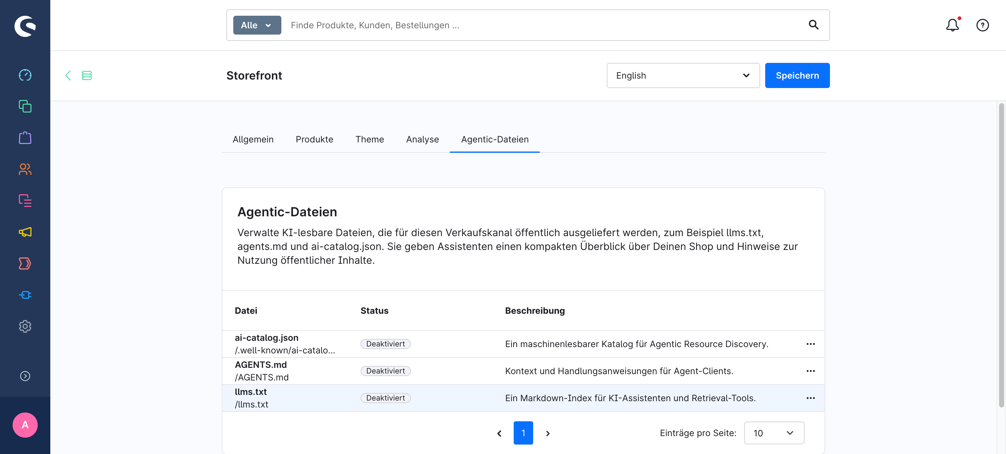 Der Reiter Agentic-Dateien im Verkaufskanal mit ai-catalog.json, AGENTS.md und llms.txt, alle drei mit Status Deaktiviert