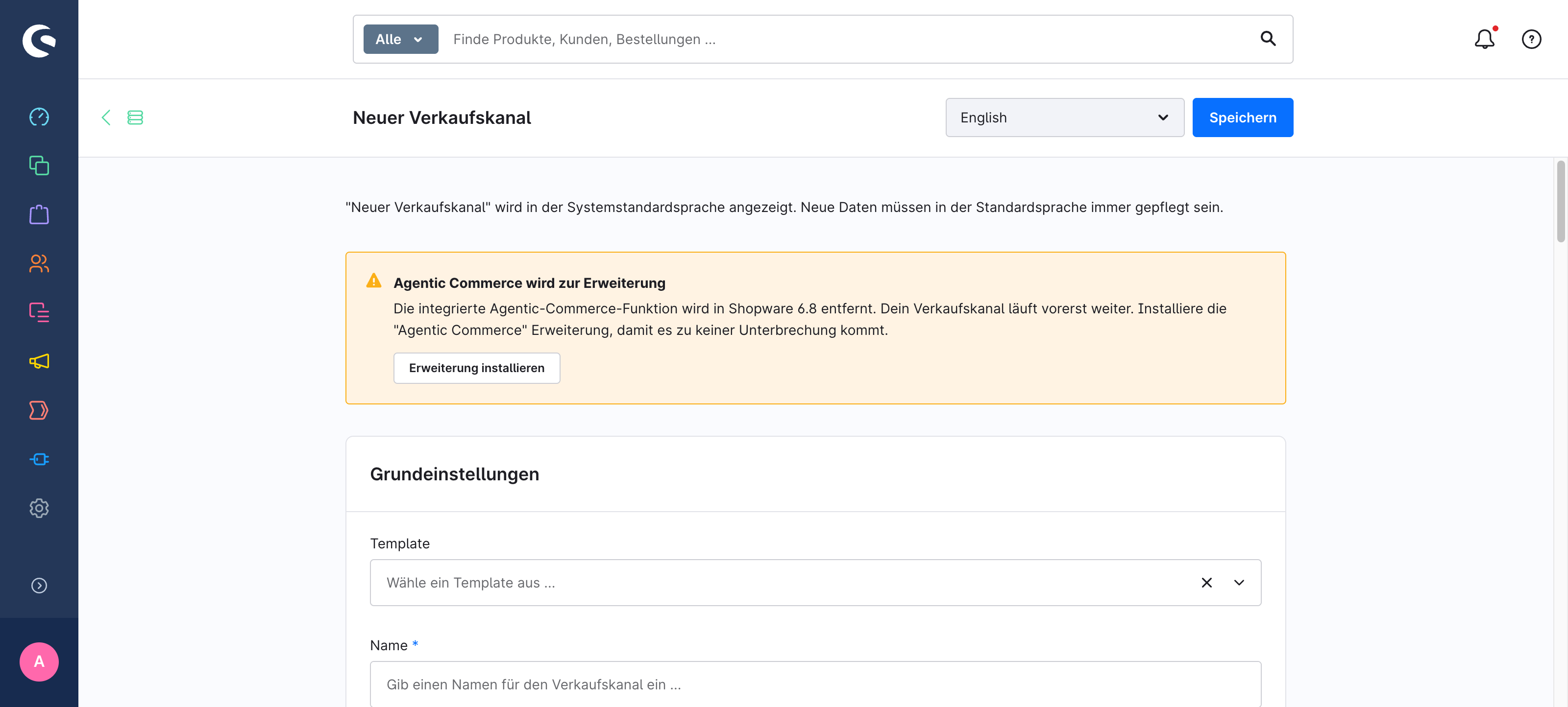 Warnhinweis im Admin: Agentic Commerce wird zur Erweiterung. Die integrierte Funktion wird in Shopware 6.8 entfernt.