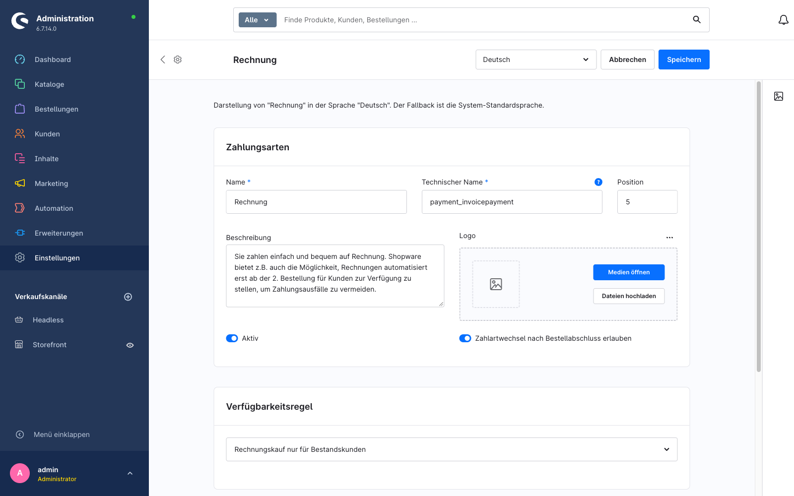 Die Zahlungsart „Rechnung" in Shopware mit dem technischen Namen payment_invoicepayment und der Karte Verfügbarkeitsregel, in der die Regel „Rechnungskauf nur für Bestandskunden" zugewiesen ist.