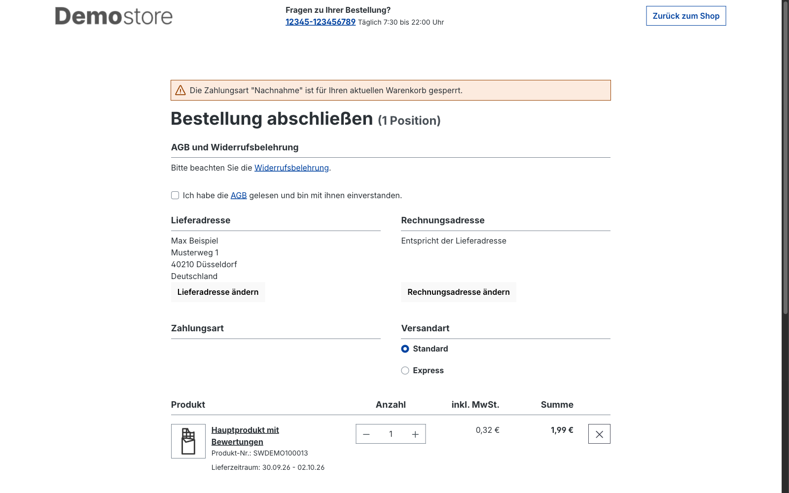 Die Storefront-Bestellübersicht mit der orangen Warnung „Die Zahlungsart Nachnahme ist für Ihren aktuellen Warenkorb gesperrt". Der Bereich Zahlungsart darunter ist vollständig leer, während der Bereich Versandart normal Standard und Express anbietet.