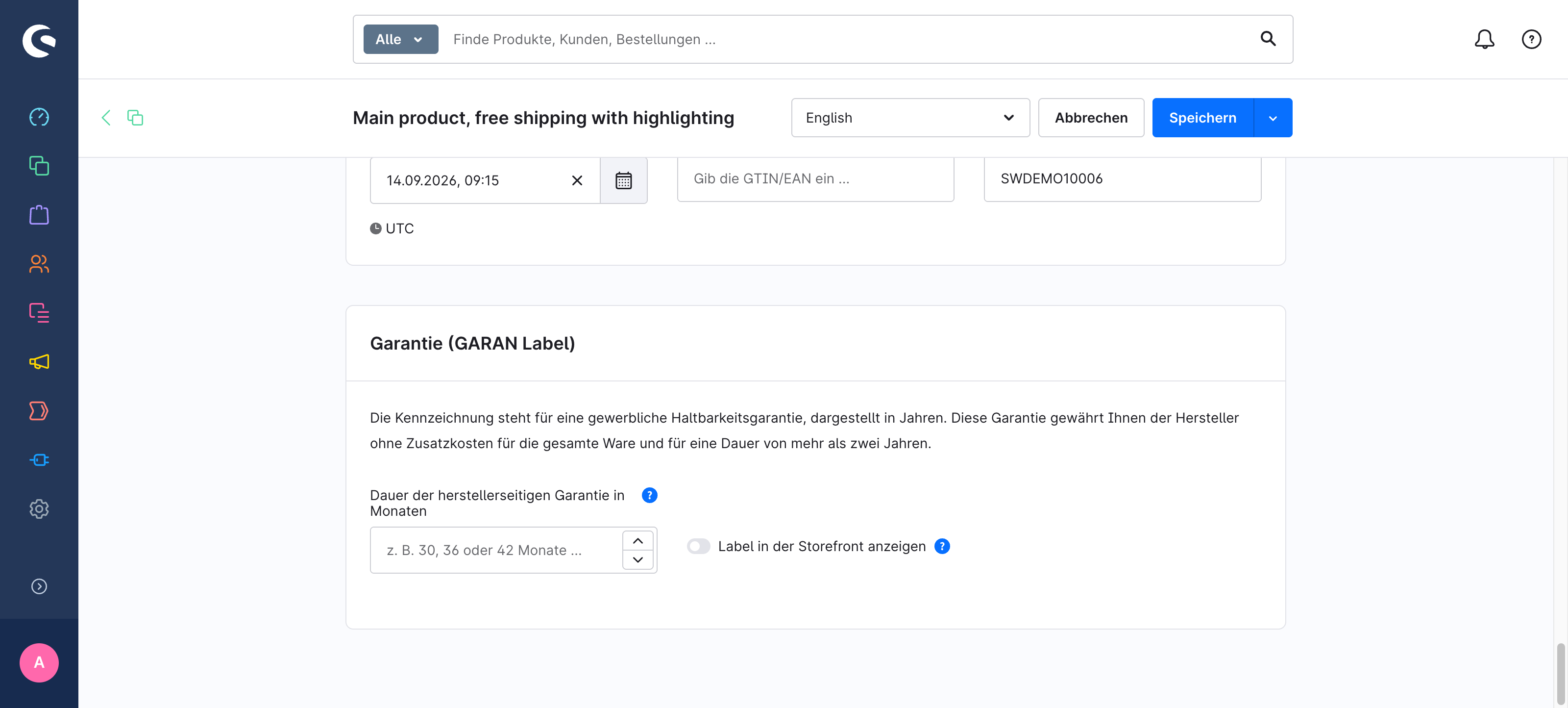 Shopware-Admin, Produkt-Tab "Allgemein": Feld "Hersteller-Produktnummer" mit SWDEMO10006, darunter die noch leere Karte "Garantie (GARAN Label)"