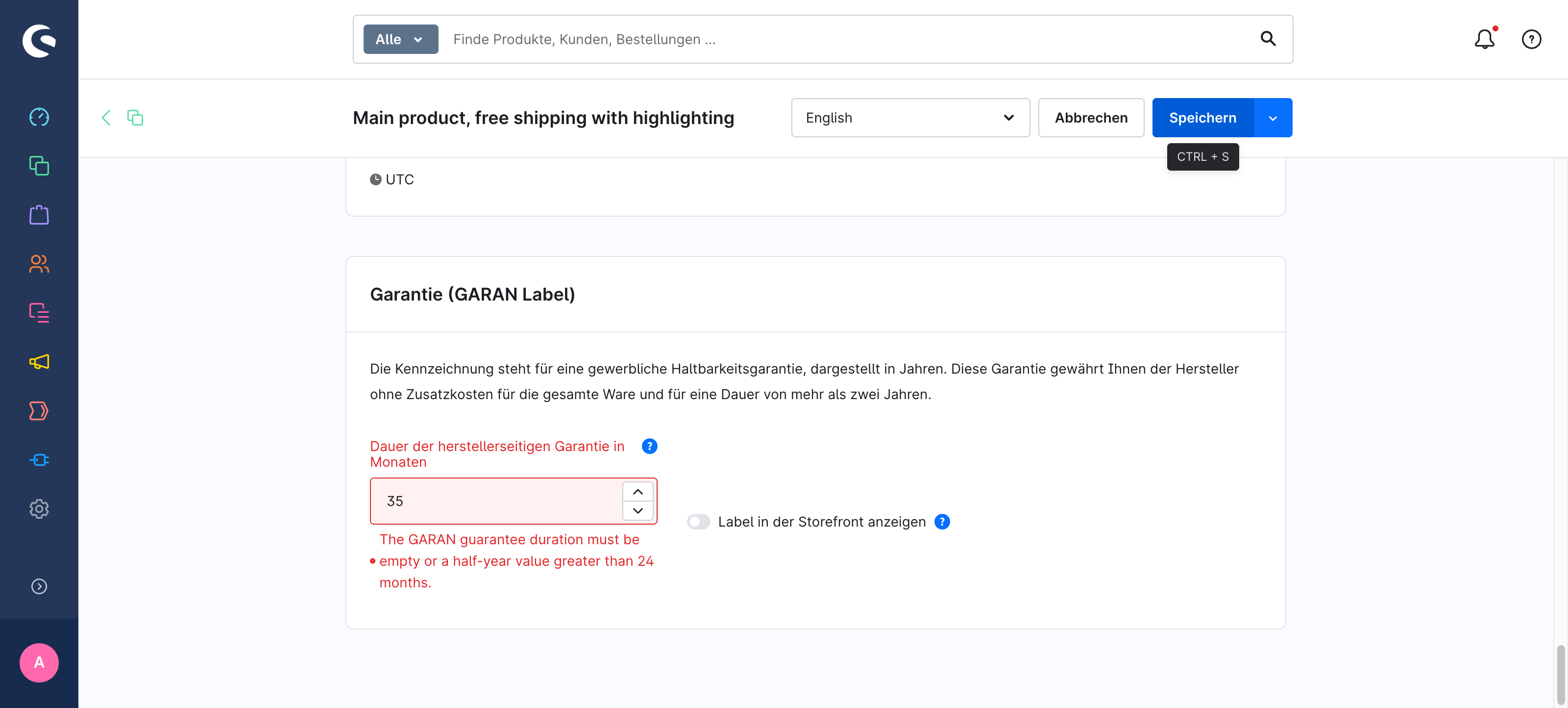 Shopware-Admin: Feld mit dem Wert 35 rot markiert, darunter die Fehlermeldung "The GARAN guarantee duration must be empty or a half-year value greater than 24 months."