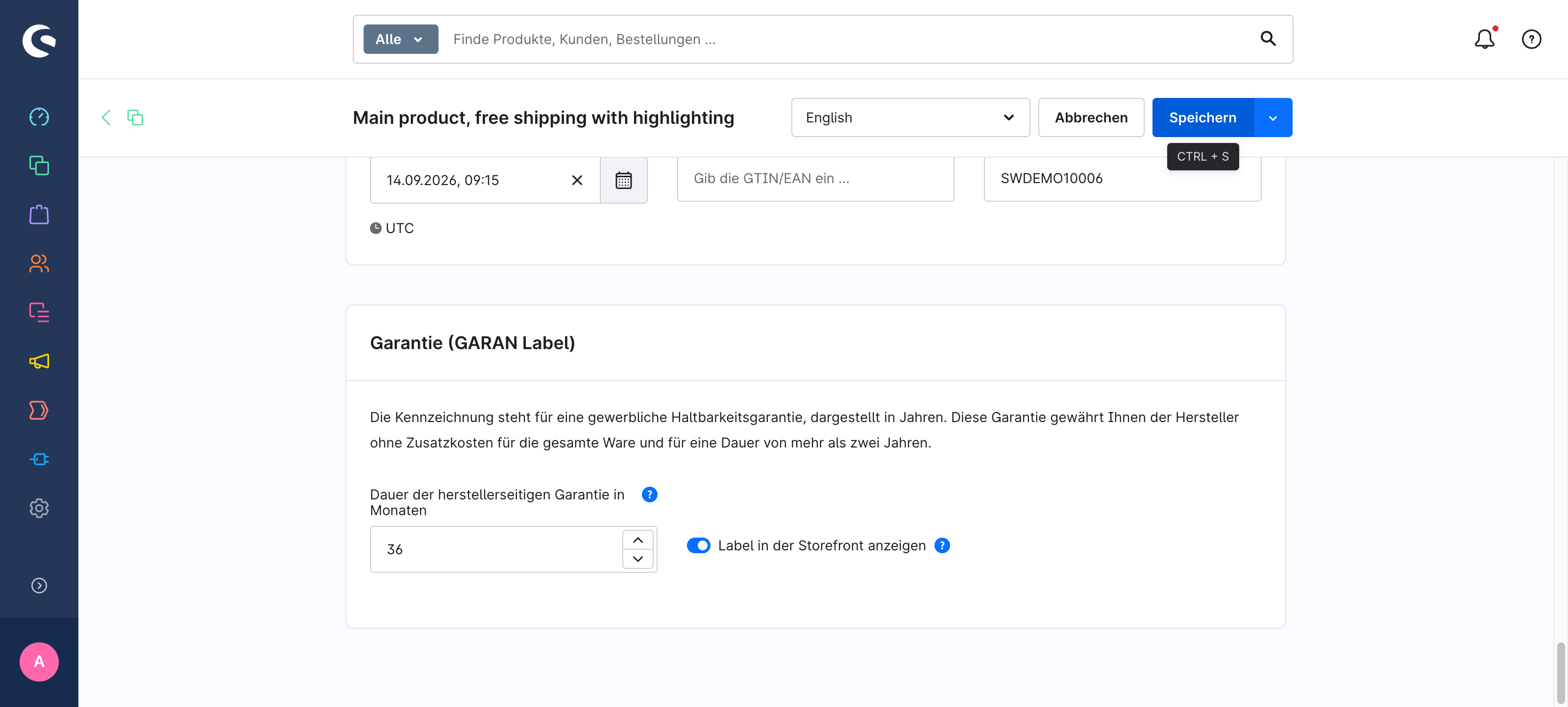 Shopware-Admin: Karte "Garantie (GARAN Label)" mit 36 Monaten und aktiviertem Schalter "Label in der Storefront anzeigen"