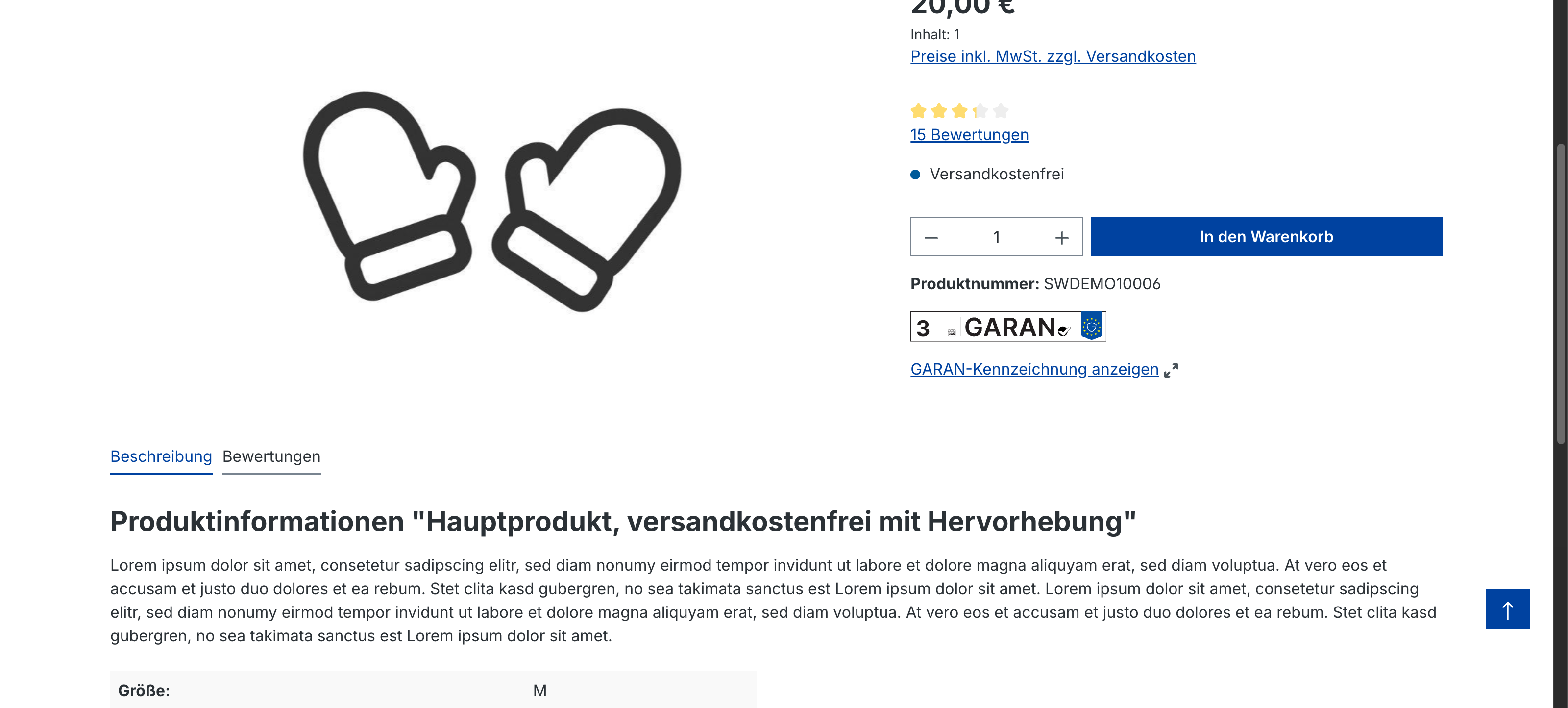 Produktdetailseite: schmales GARAN-Label mit der Ziffer 3 unter der Produktnummer, darunter der Link "GARAN-Kennzeichnung anzeigen"