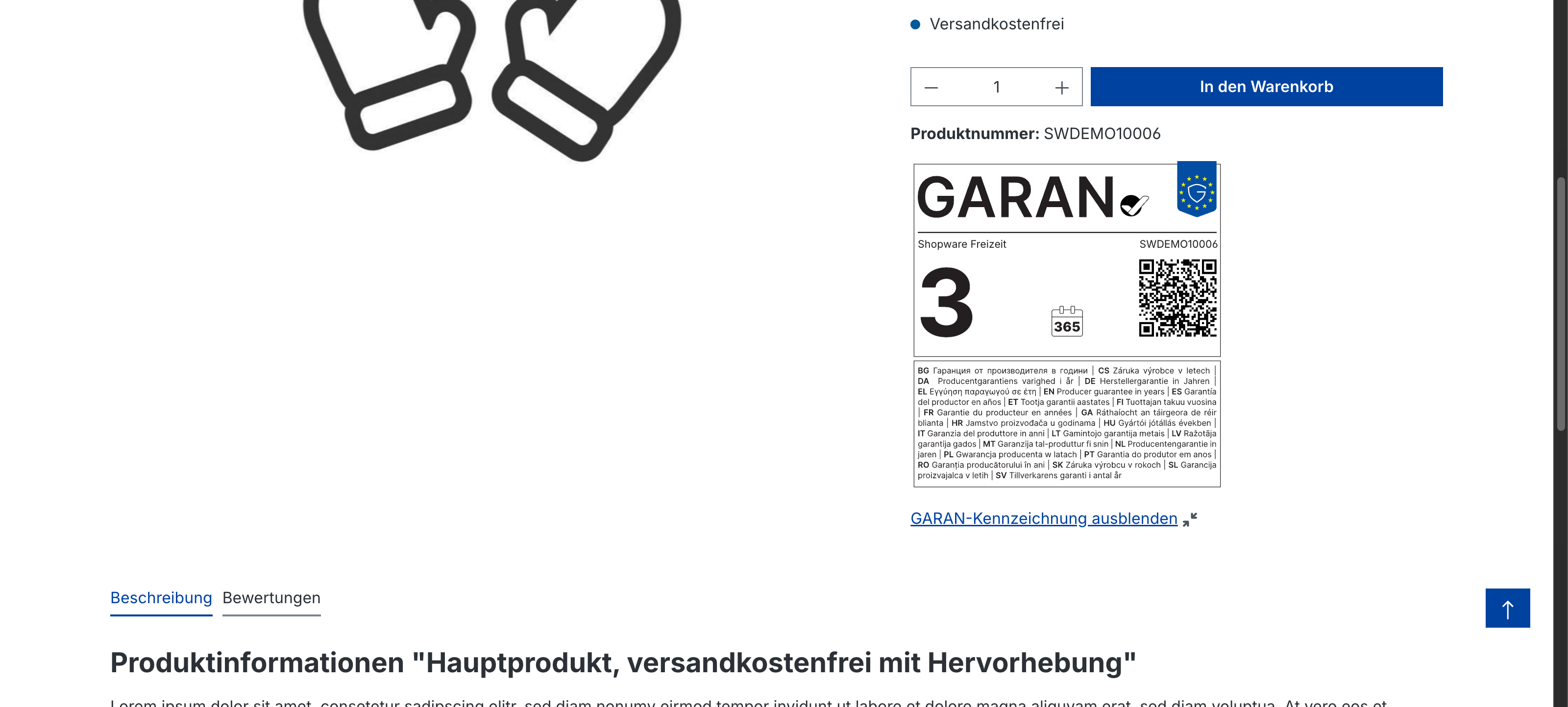 Produktdetailseite mit vollständigem GARAN-Label: Marke "Shopware Freizeit", Modellkennung SWDEMO10006, Ziffer 3, Kalender-Icon 365, QR-Code und die Legende in 24 EU-Sprachen