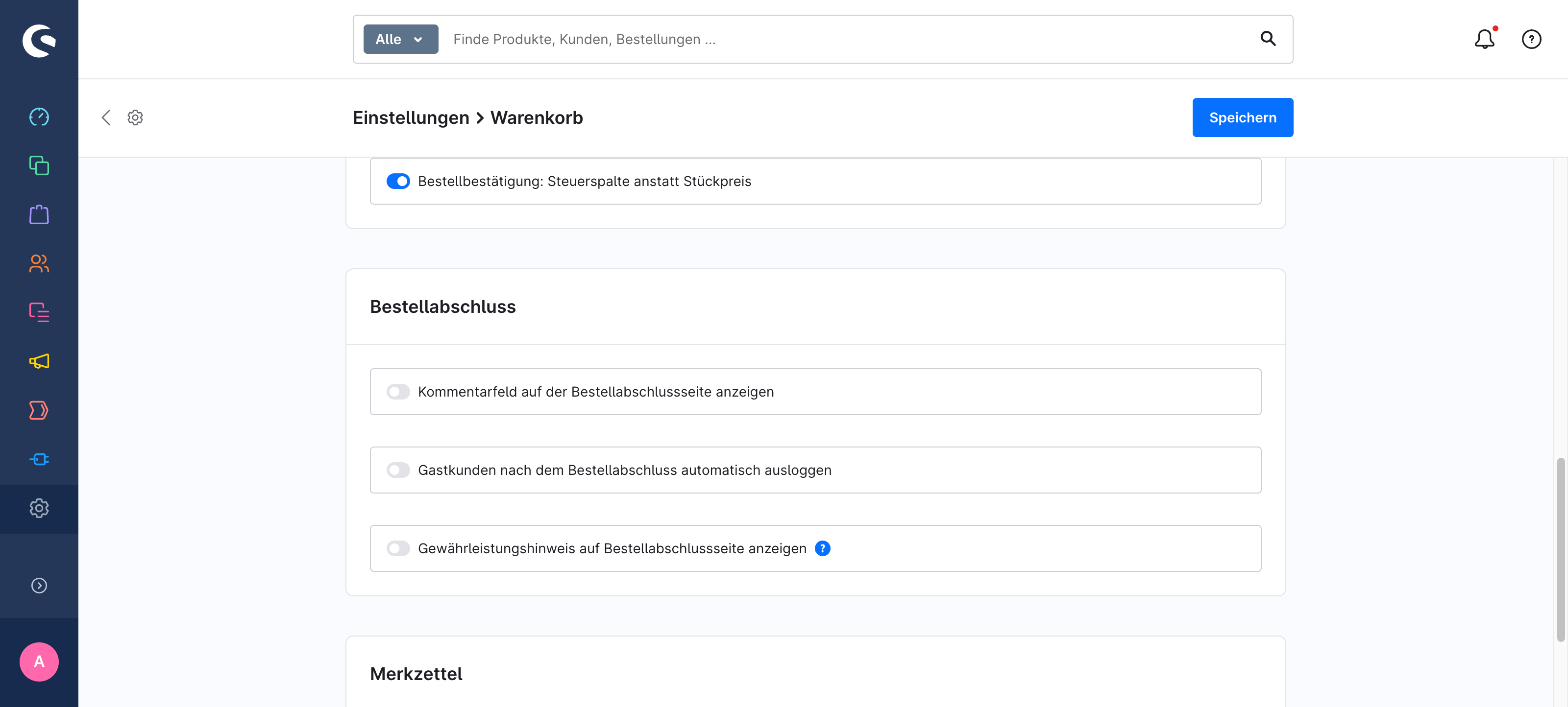 Shopware-Admin, Einstellungen → Warenkorb: der Schalter "Gewährleistungshinweis auf Bestellabschlussseite anzeigen" steht auf aus