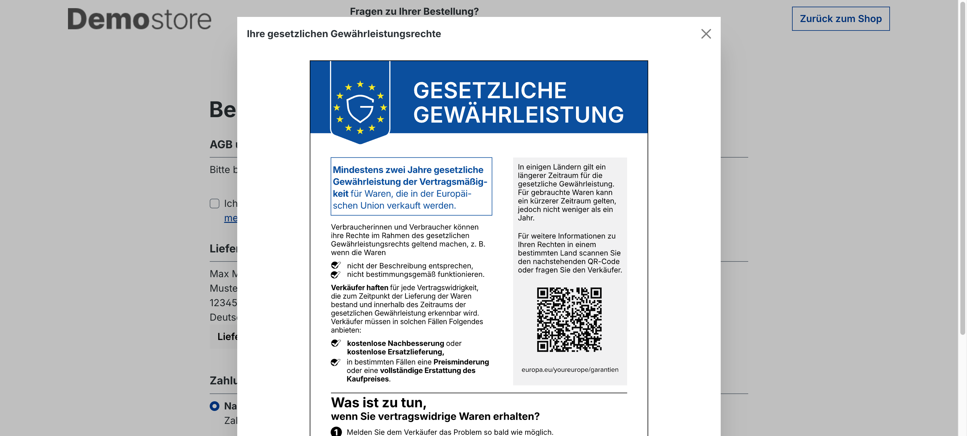 Modal "Ihre gesetzlichen Gewährleistungsrechte" mit der amtlichen EU-Grafik: blauer Kopf "GESETZLICHE GEWÄHRLEISTUNG", Erklärtexte und QR-Code auf europa.eu/youreurope/garantien