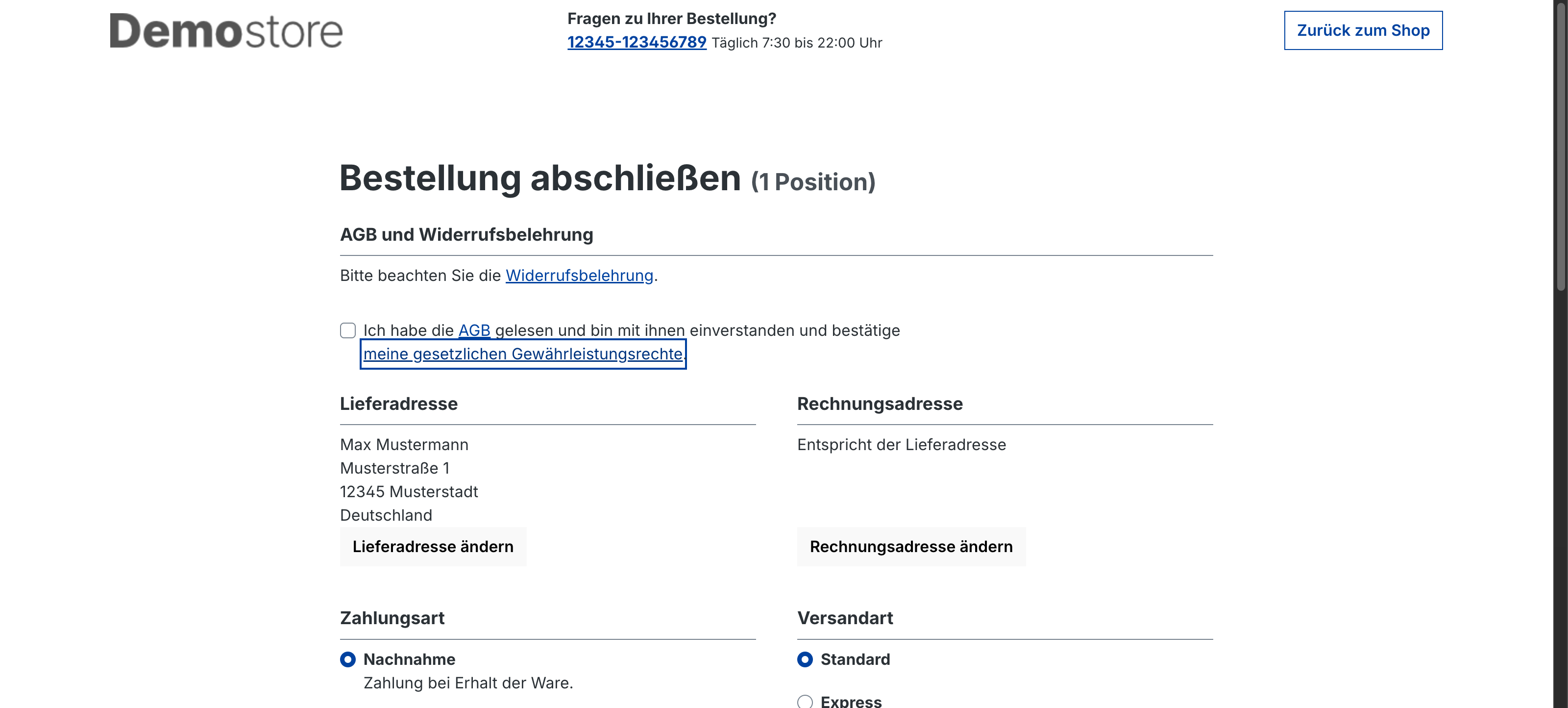Bestellabschluss: Checkbox-Zeile "Ich habe die AGB gelesen und bin mit ihnen einverstanden und bestätige meine gesetzlichen Gewährleistungsrechte" mit hervorgehobenem Link