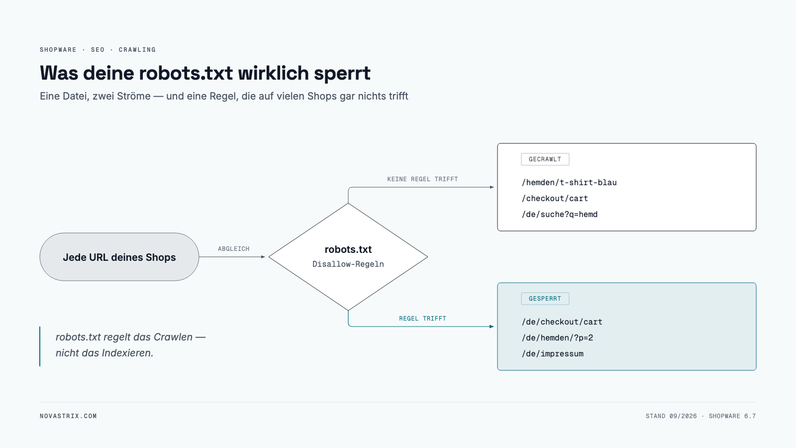 Eine robots.txt, deren Zeilen sich in zwei Ströme teilen: ein Teil der URLs wird gecrawlt, der andere von einer Sperre abgewiesen