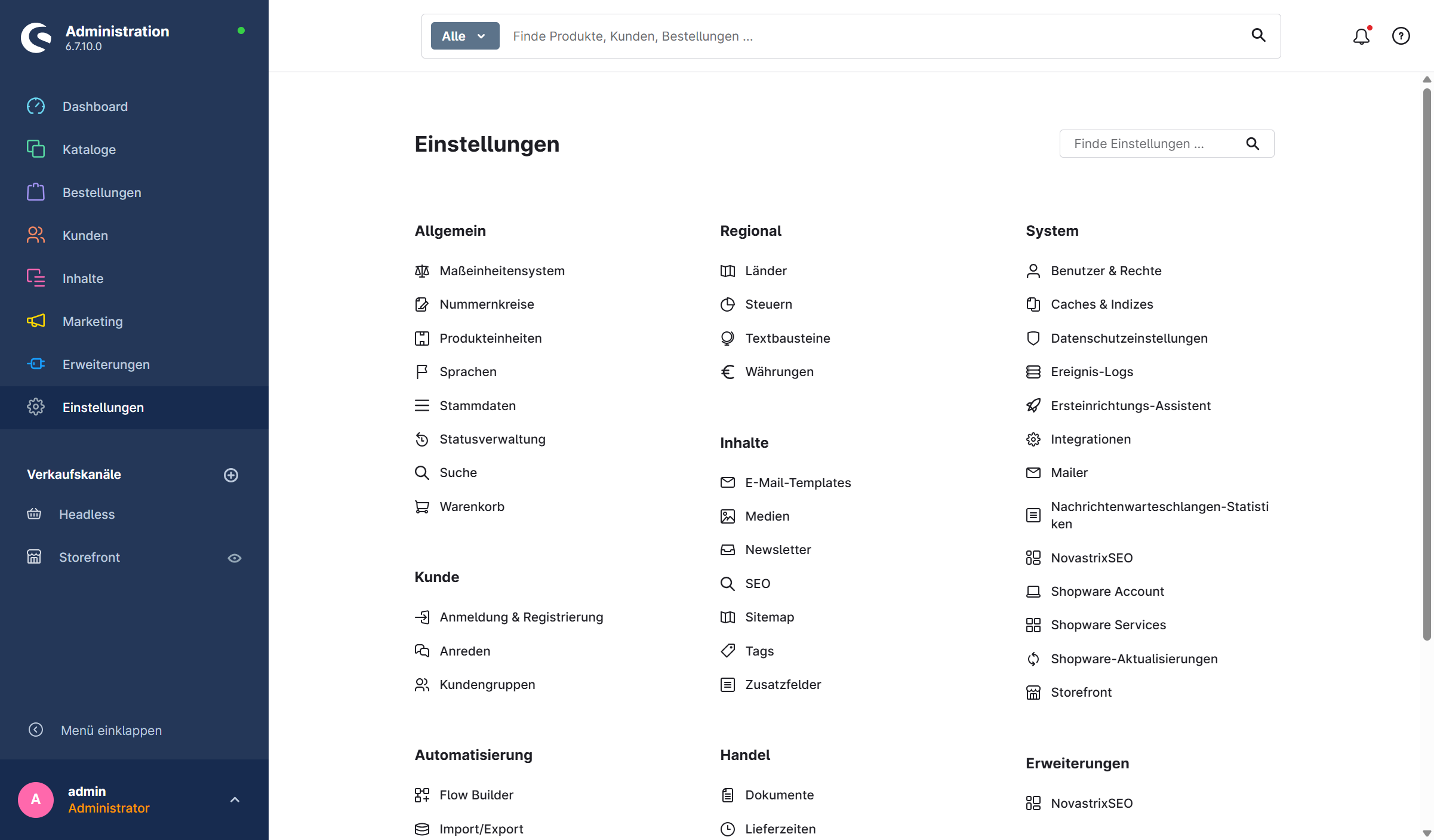 Shopware-Admin "Einstellungen" mit Eintrag "Stammdaten" unter "Allgemein"