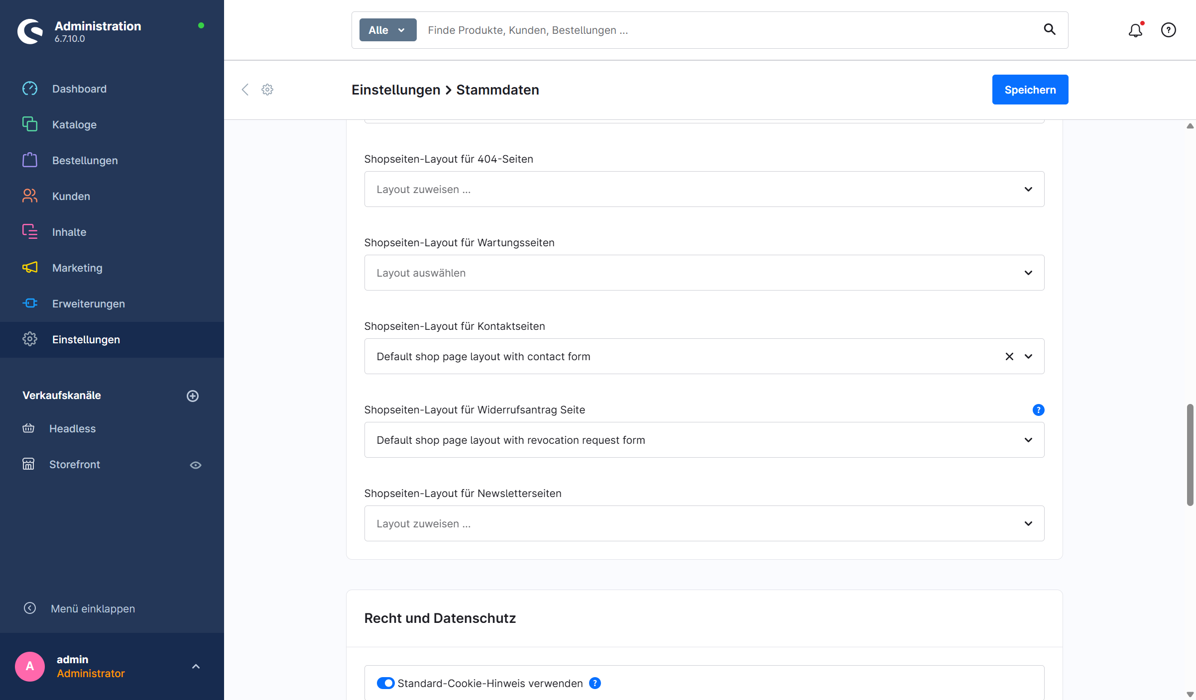 Auswahl "Shopseiten-Layout für Widerrufsantrag Seite" mit voreingestelltem Default-Layout