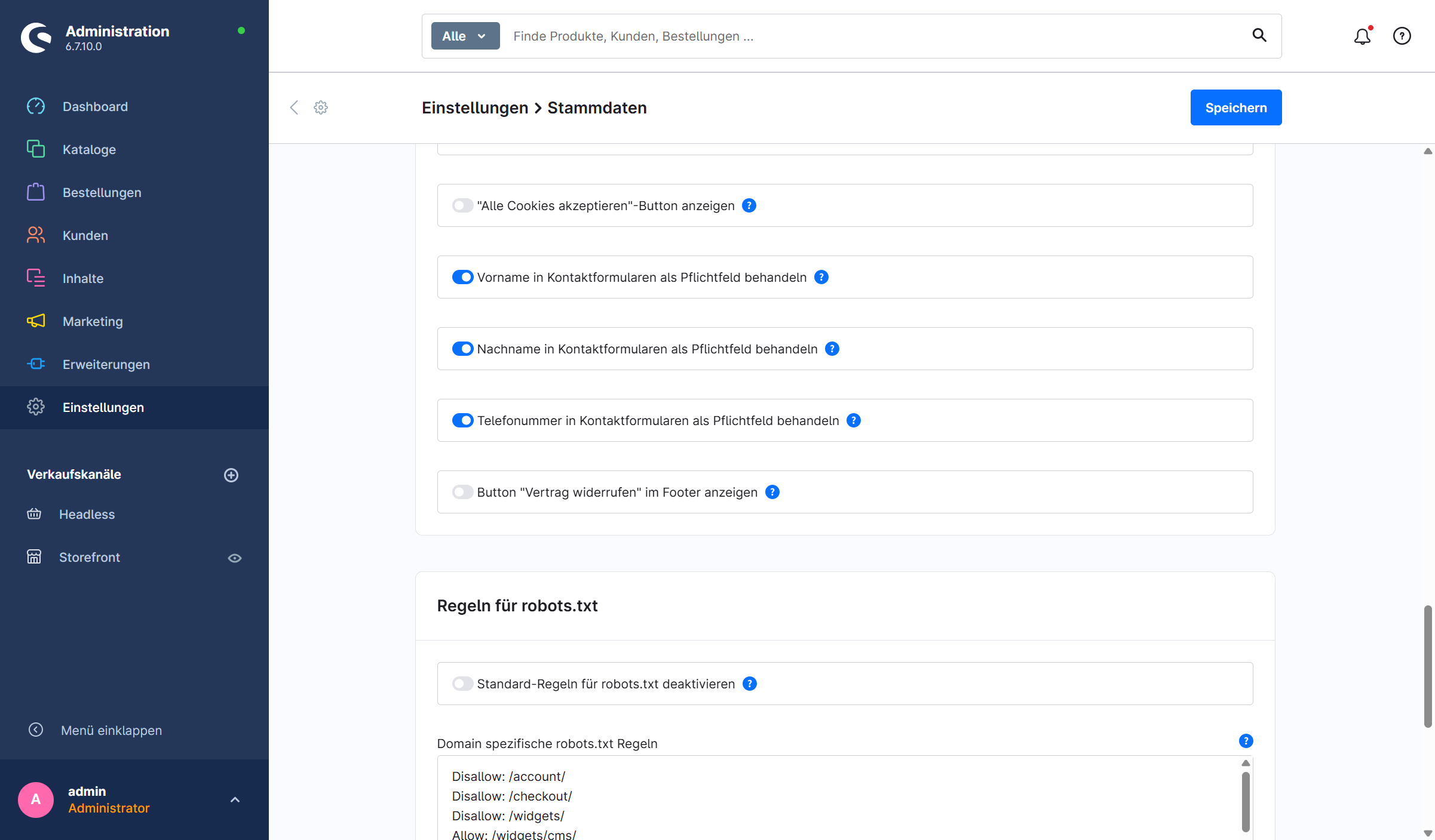 Unaktivierte Checkbox "Button "Vertrag widerrufen" im Footer anzeigen"
