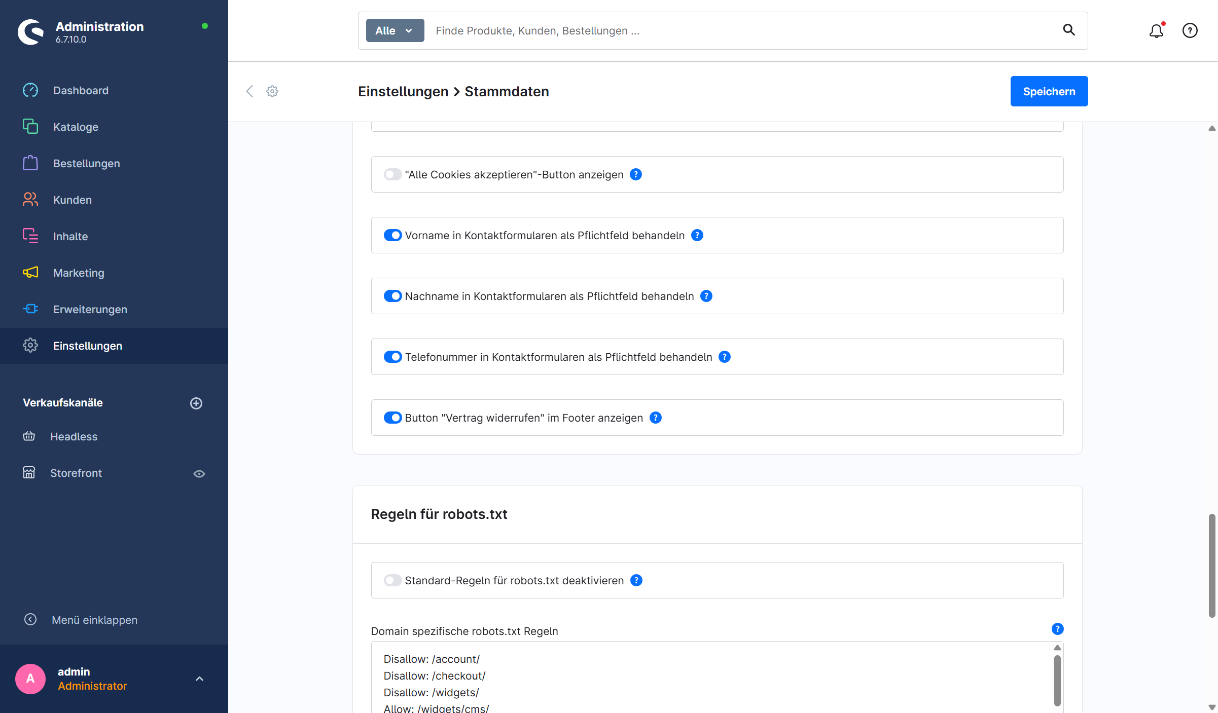Aktivierte Checkbox "Button "Vertrag widerrufen" im Footer anzeigen"
