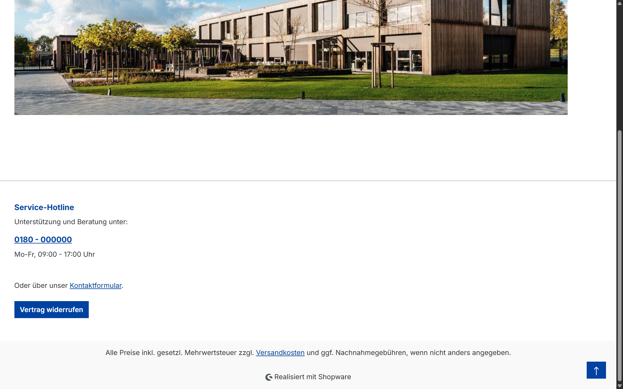 Shopware-Storefront-Footer mit aktiviertem "Vertrag widerrufen"-Button