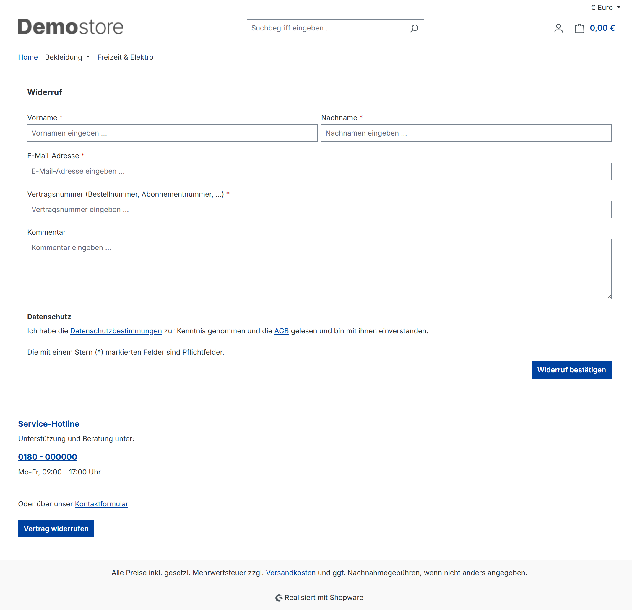 Widerruf-Formular im Storefront mit Pflichtfeldern Vorname, Nachname, E-Mail, Vertragsnummer und optionalem Kommentar