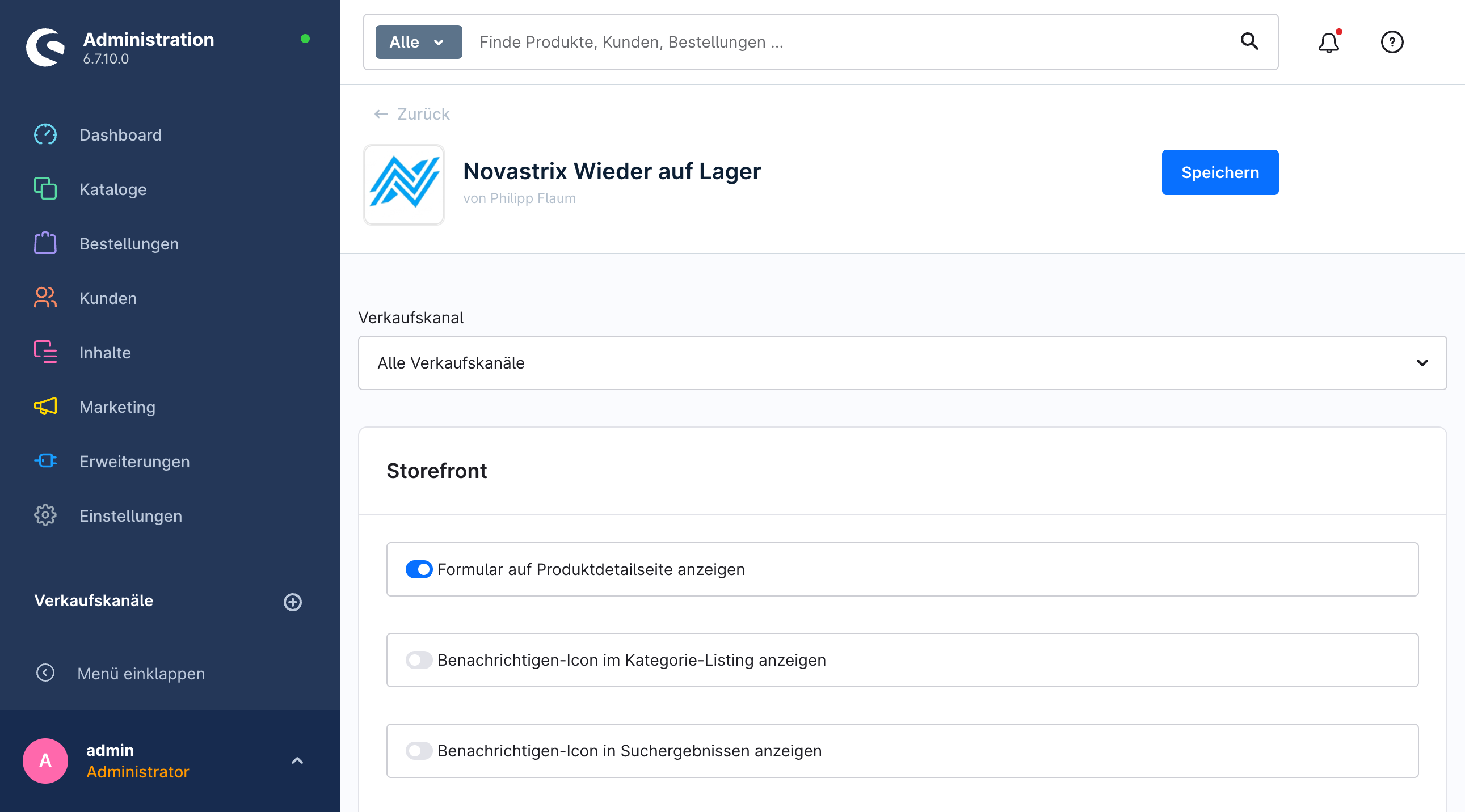 Konfiguration mit den Karten Storefront und Datenschutz