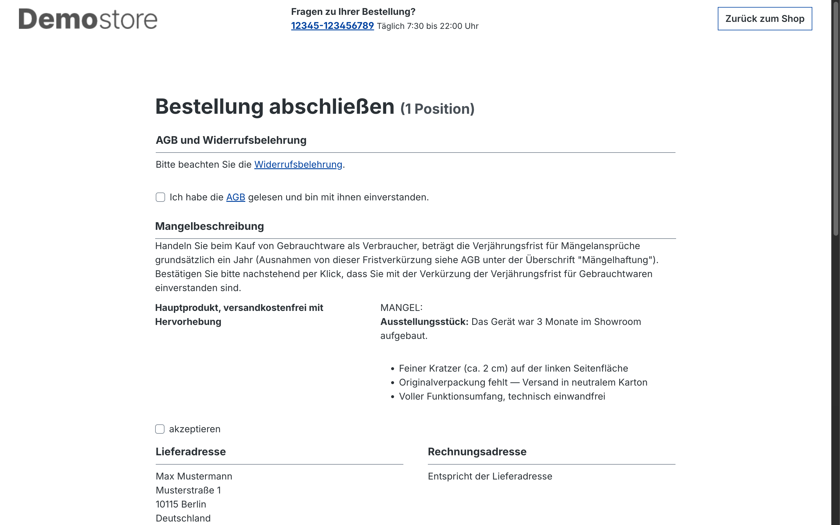 Pflicht-Bestätigung des Mangels im Checkout