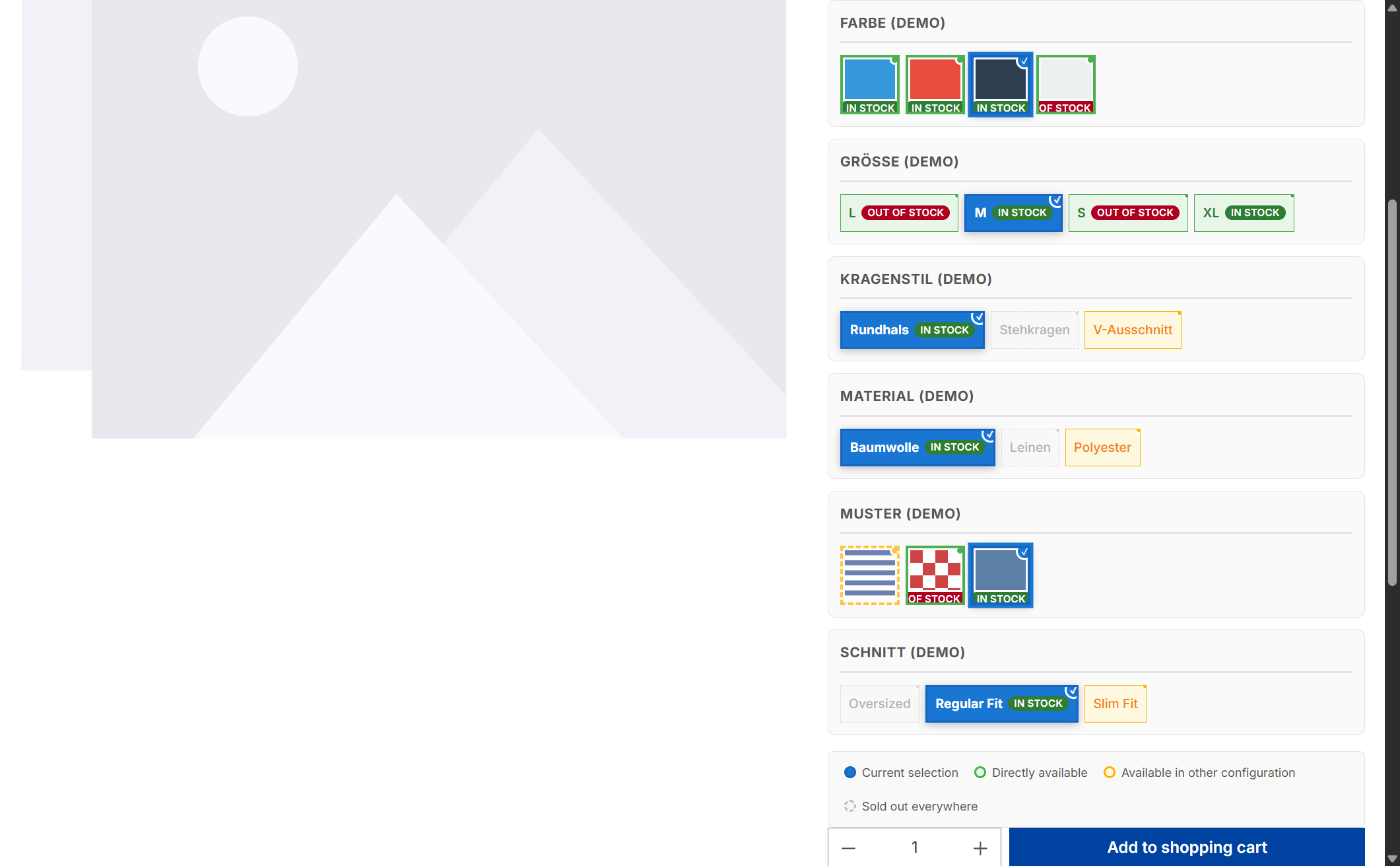 Shopware-Produktdetailseite mit 4-Zustand-Variantenauswahl und Lieferbar-Badges